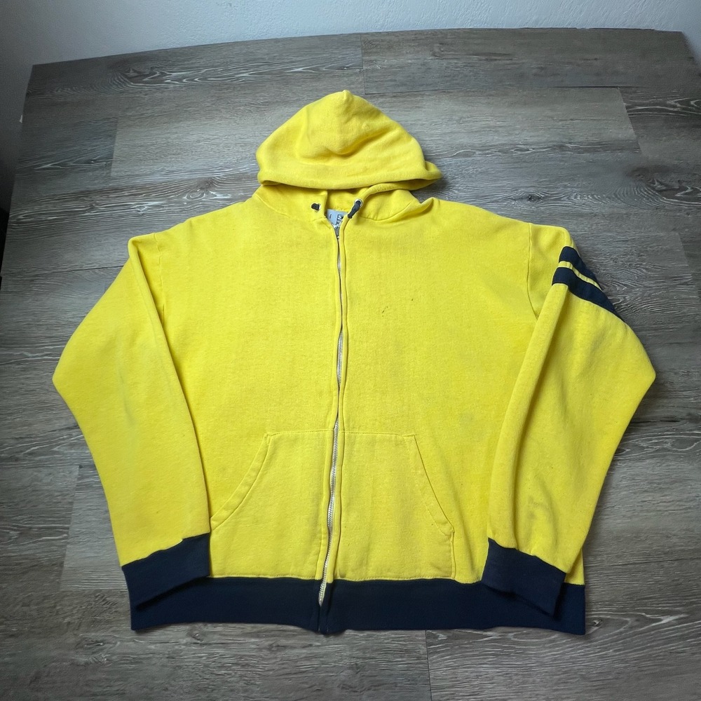 True Vintage 1970s Zip Up Hoodie Mens L Yellow Navy Striped Sporty‎ Sweatshirt